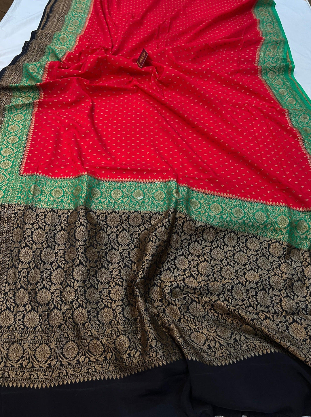 Red Pure Banarasi Khaddi Crepe Silk Saree - Aura Benaras