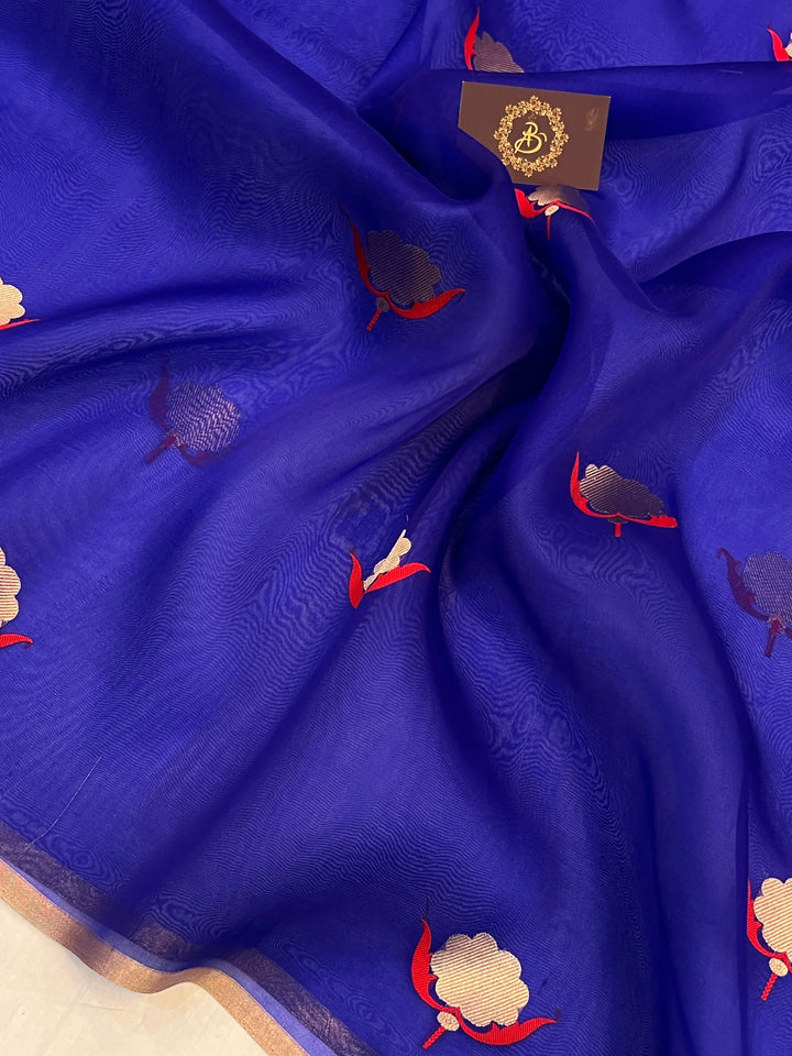 Royal Blue Pure Kora Silk Handloom Banarasi Saree