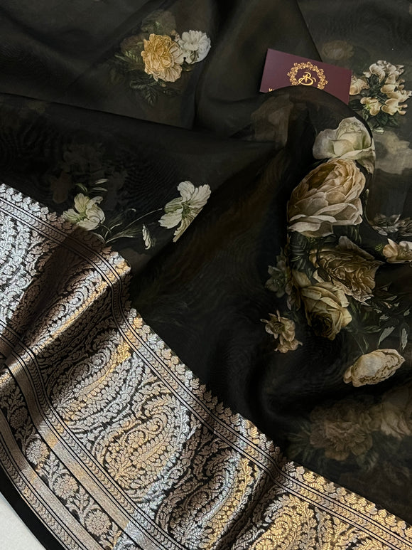 Black Banarasi Handloom Kora Silk Saree - Aura Benaras