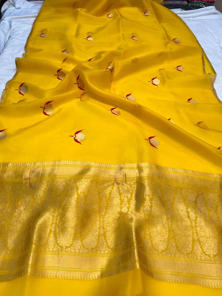 Yellow Pure Kora Silk Handloom Banarasi Saree