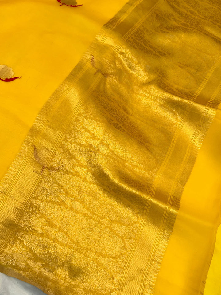 Yellow Pure Kora Silk Handloom Banarasi Saree