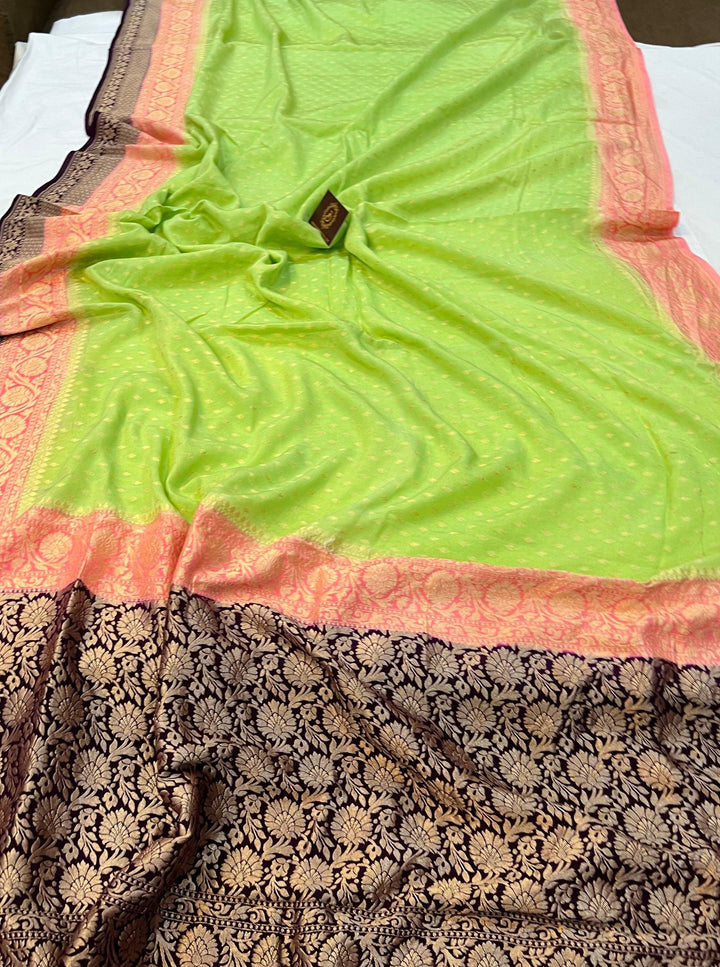 Pista Green Pure Banarasi Khaddi Crepe Silk Saree - Aura Benaras