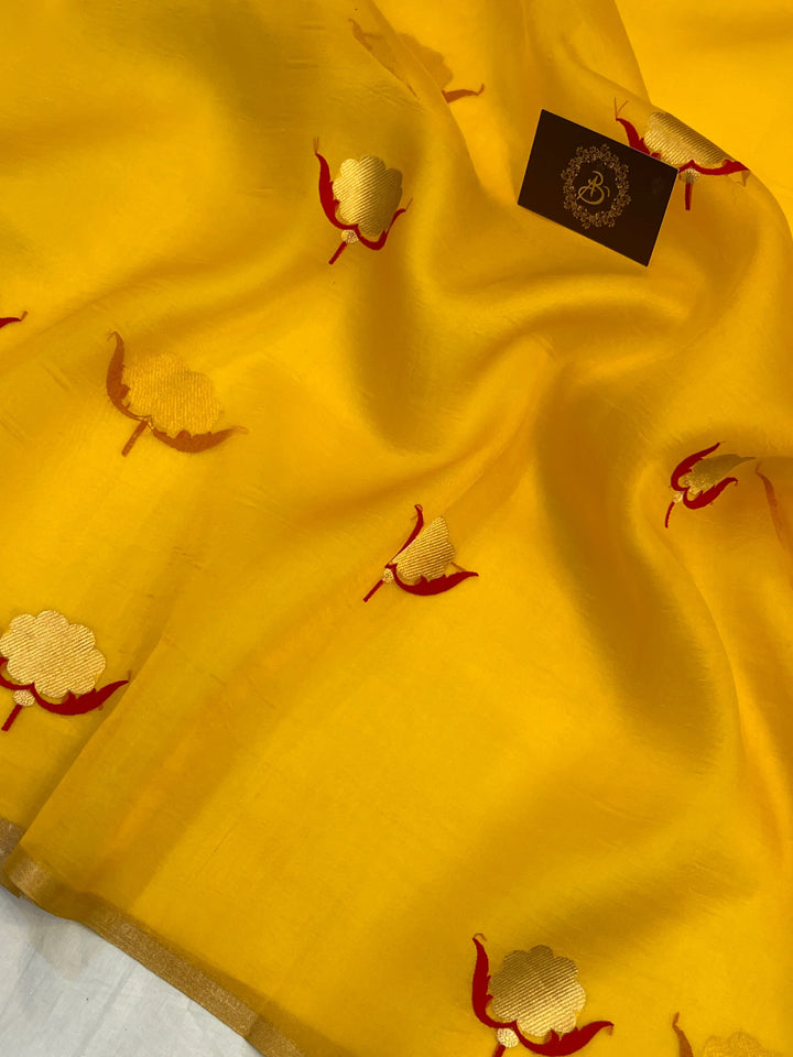Yellow Pure Kora Silk Handloom Banarasi Saree