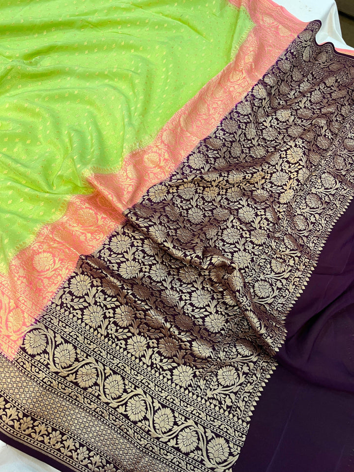 Pista Green Pure Banarasi Khaddi Crepe Silk Saree - Aura Benaras