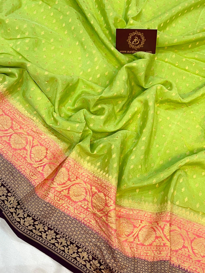 Pista Green Pure Banarasi Khaddi Crepe Silk Saree - Aura Benaras
