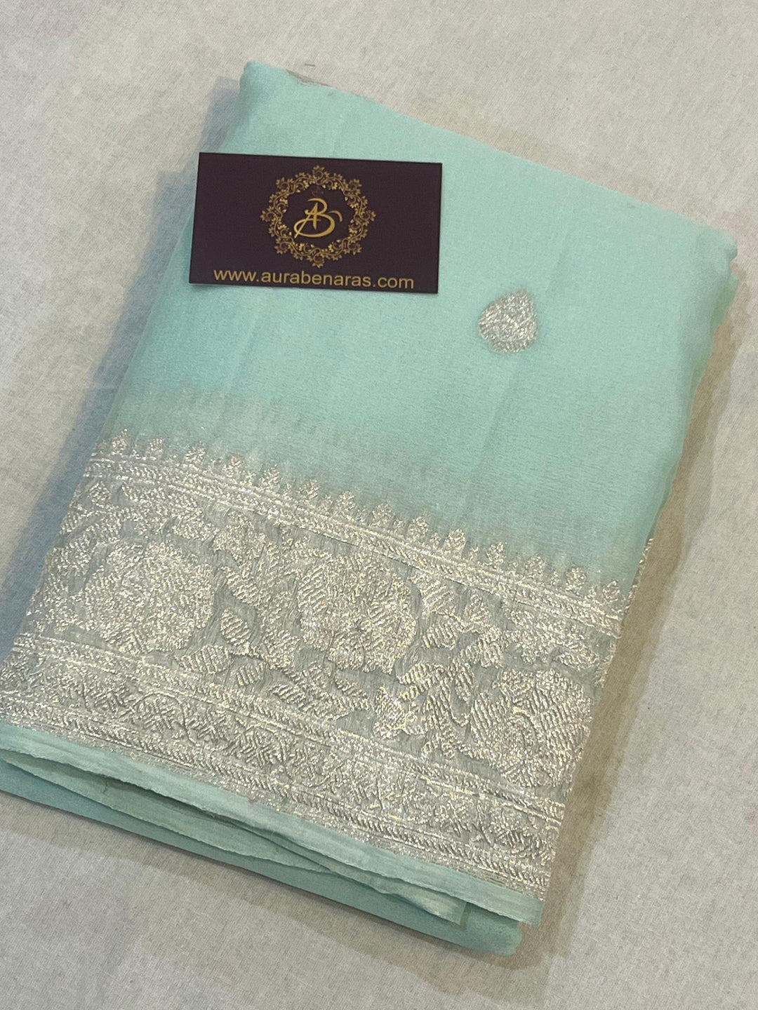 Mint Green Khaddi Chiffon Banarasi Handloom Saree
