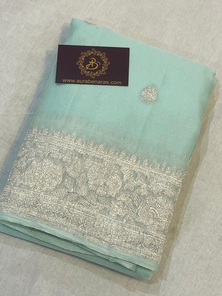 Mint Green Khaddi Chiffon Banarasi Handloom Saree
