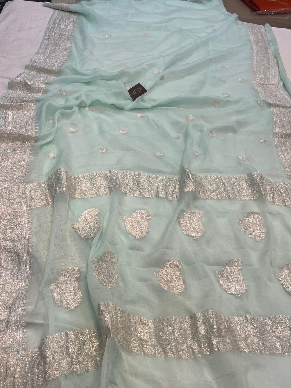 Mint Green Khaddi Chiffon Banarasi Handloom Saree - Aura Benaras