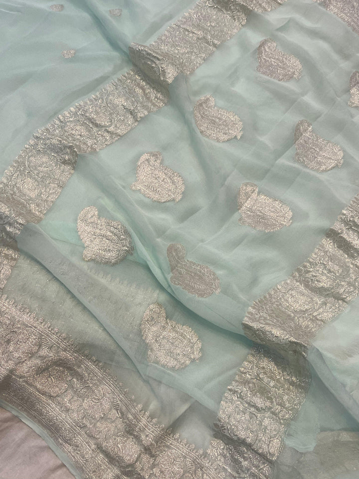 Mint Green Khaddi Chiffon Banarasi Handloom Saree - Aura Benaras