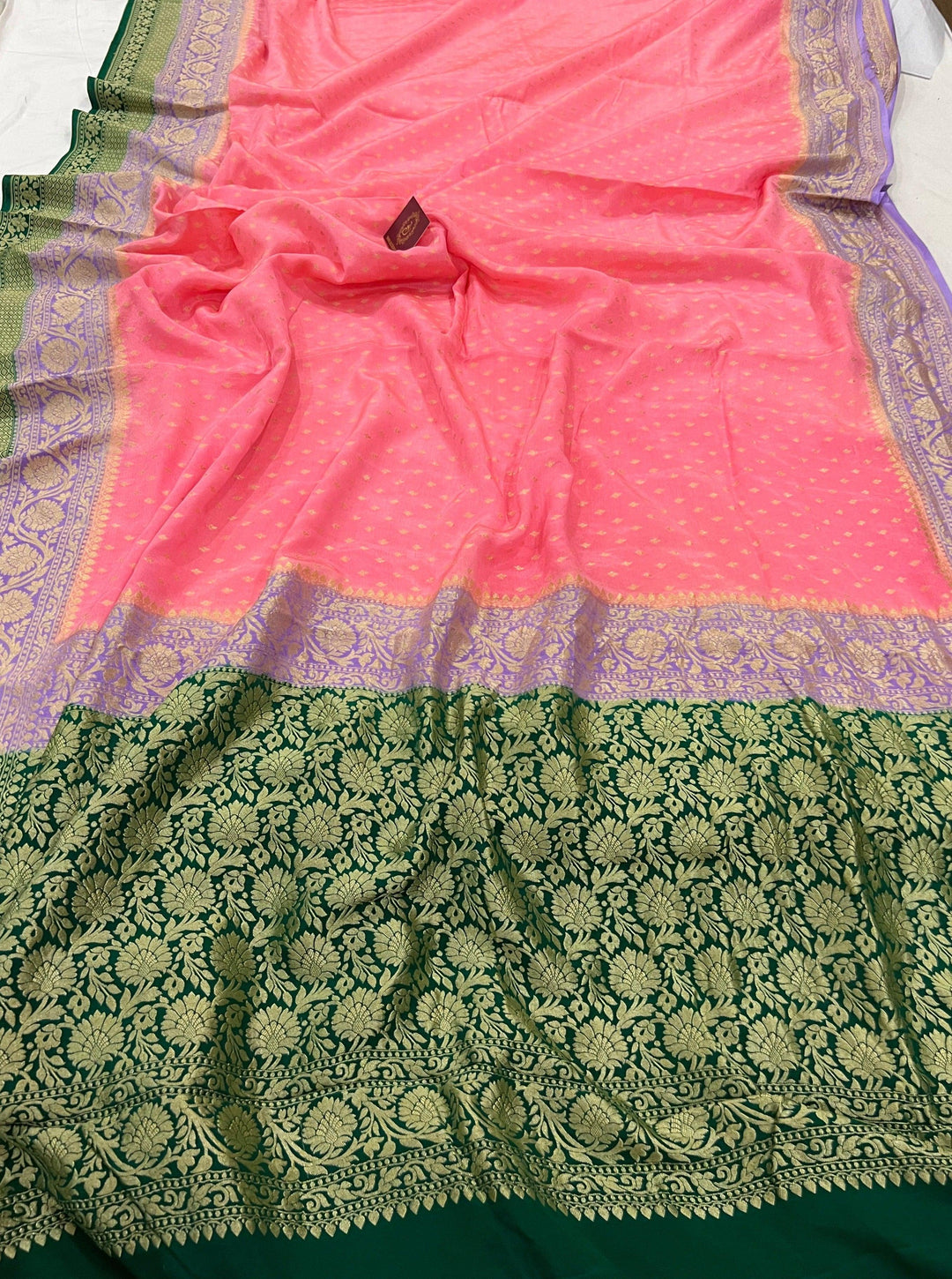 Peach Pure Banarasi Khaddi Crepe Silk Saree - Aura Benaras