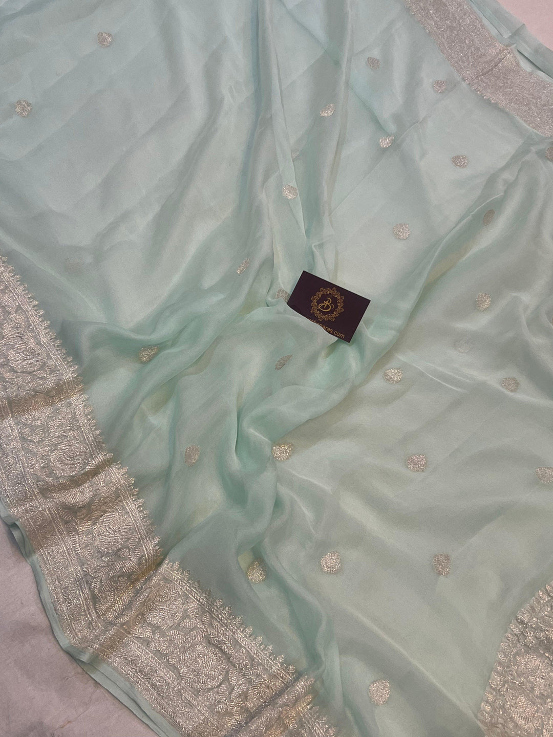 Mint Green Khaddi Chiffon Banarasi Handloom Saree - Aura Benaras