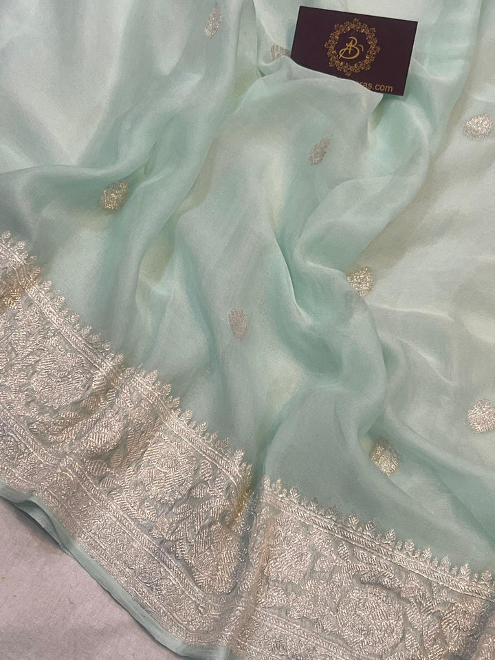 Mint Green Khaddi Chiffon Banarasi Handloom Saree - Aura Benaras
