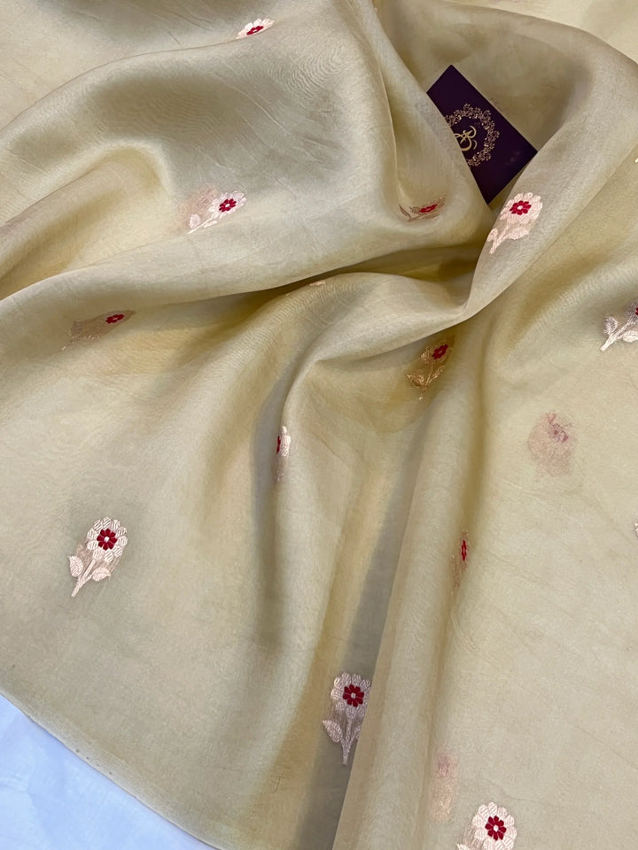 Dusty Beige Pure Kora Silk Handloom Banarasi Saree