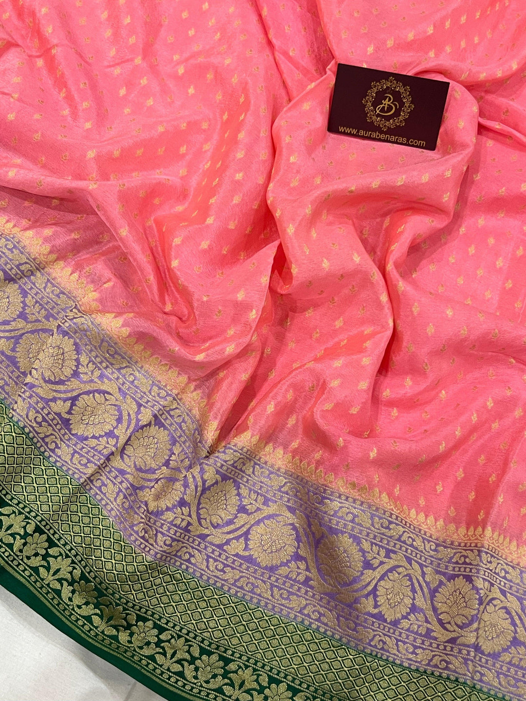 Peach Pure Banarasi Khaddi Crepe Silk Saree - Aura Benaras