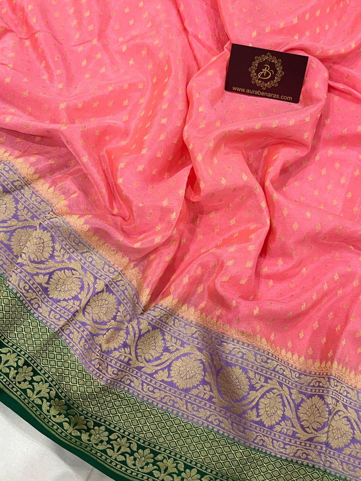 Peach Pure Banarasi Khaddi Crepe Silk Saree - Aura Benaras