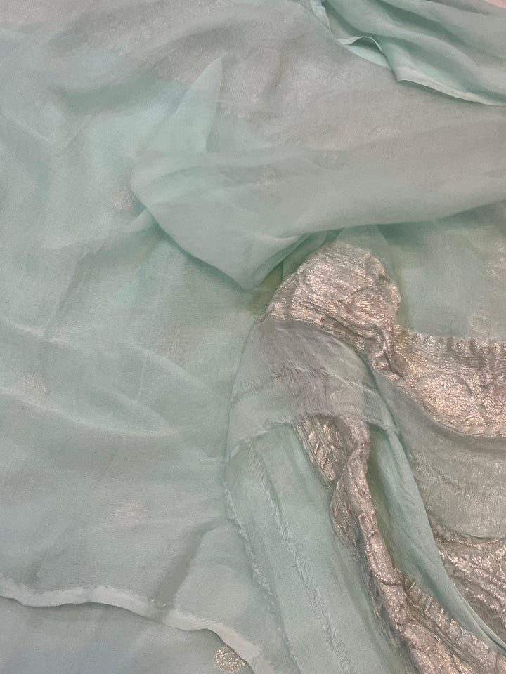 Mint Green Khaddi Chiffon Banarasi Handloom Saree - Aura Benaras