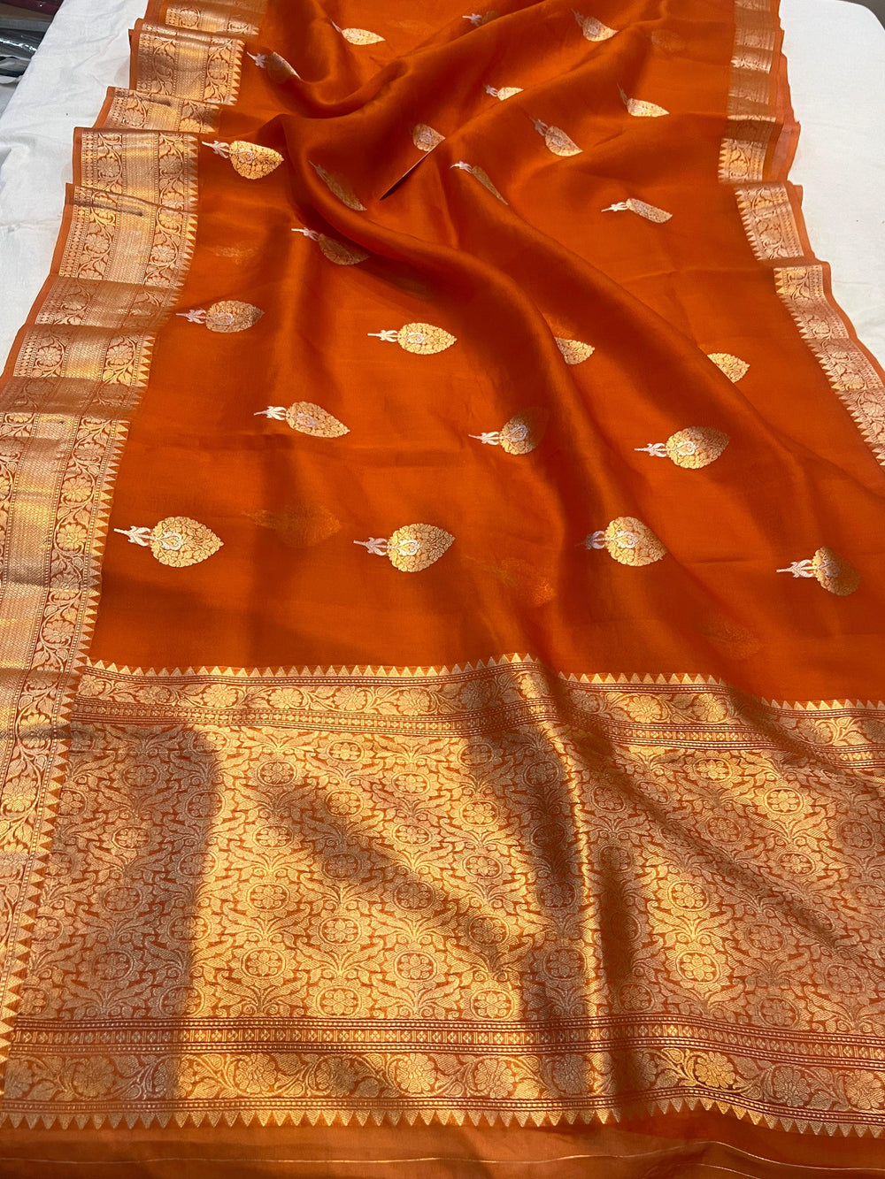 Orange Pure Banarasi Handloom Kora Silk Saree - Aura Benaras