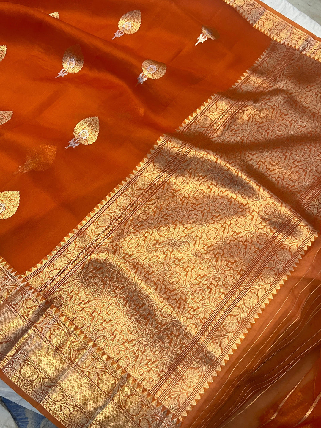Orange Pure Banarasi Handloom Kora Silk Saree - Aura Benaras