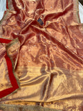 Pre Order :: Rust Orange Banarasi Handloom Organza Tissue Silk Saree