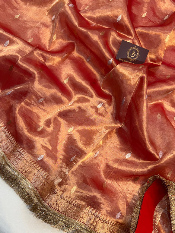 Pre Order :: Rust Orange Banarasi Handloom Organza Tissue Silk Saree