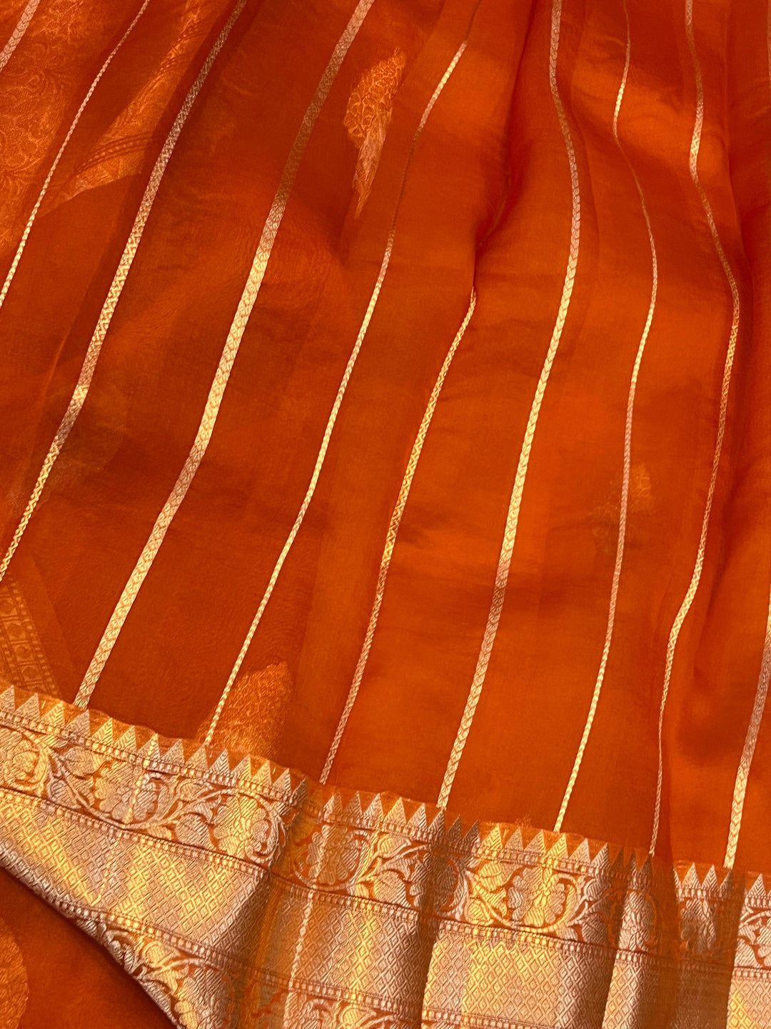 Orange Pure Banarasi Handloom Kora Silk Saree - Aura Benaras