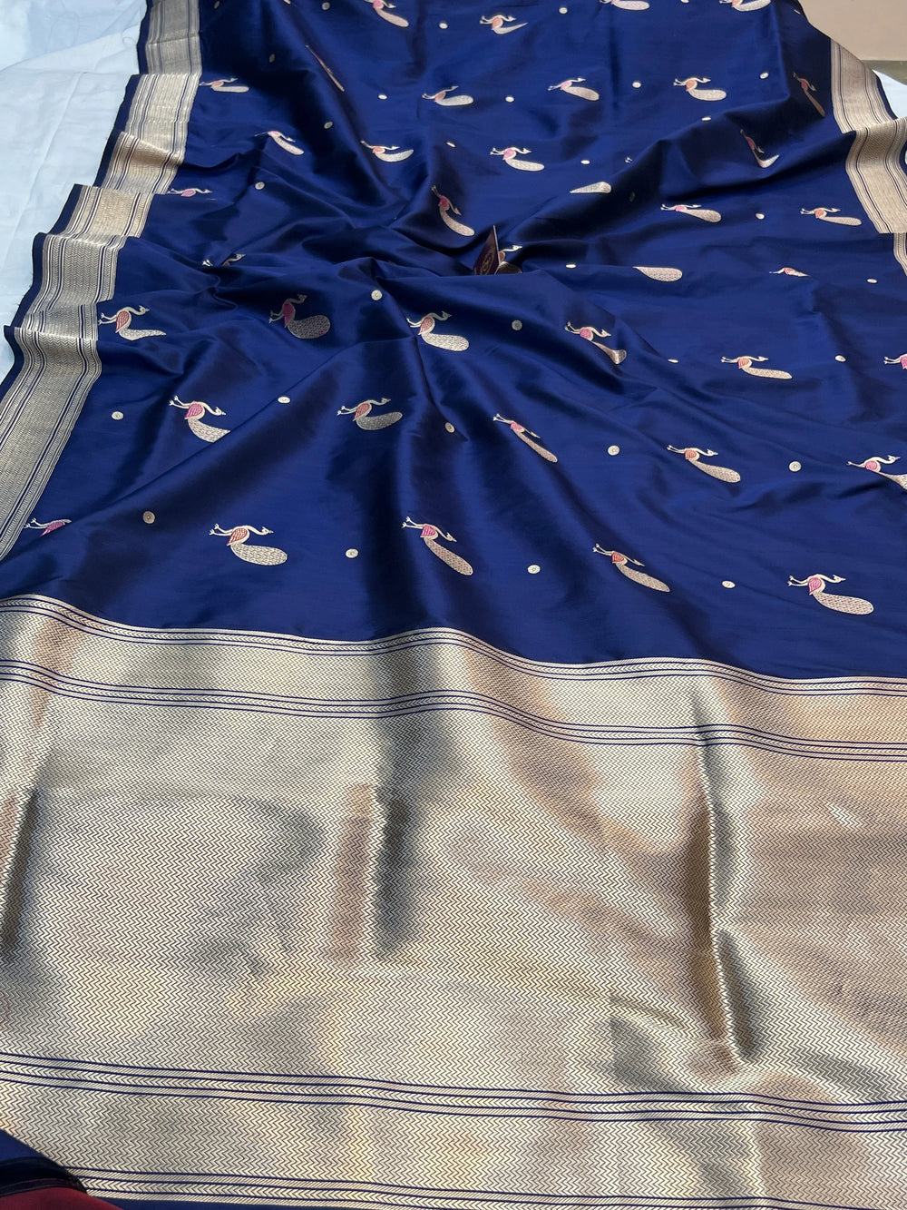 Navy Blue Katan Silk Saree with Kadhwa Peacock Motifs