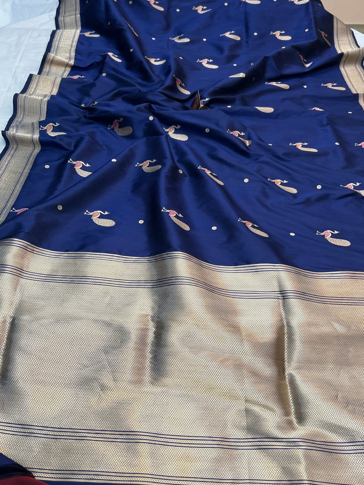 Navy Blue Katan Silk Saree with Kadhwa Peacock Motifs