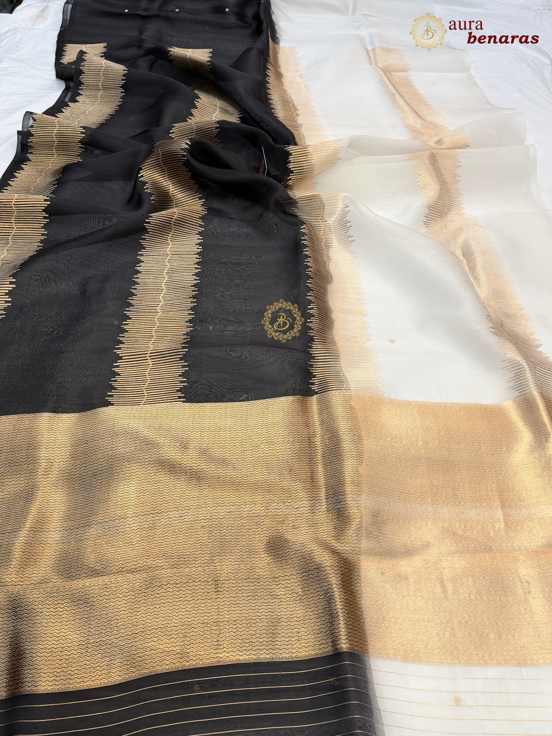 Off White Black Kora Silk Banarasi Saree Musical Zari Pattern