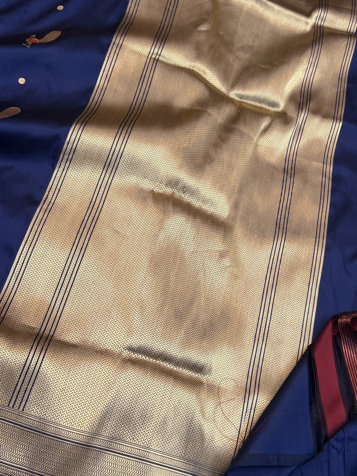 Navy Blue Katan Silk Saree with Kadhwa Peacock Motifs