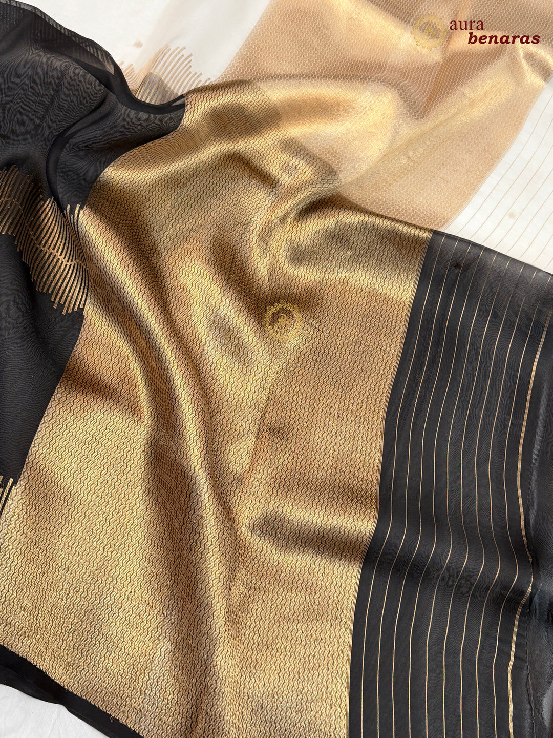 Off White Black Kora Silk Banarasi Saree Musical Zari Pattern