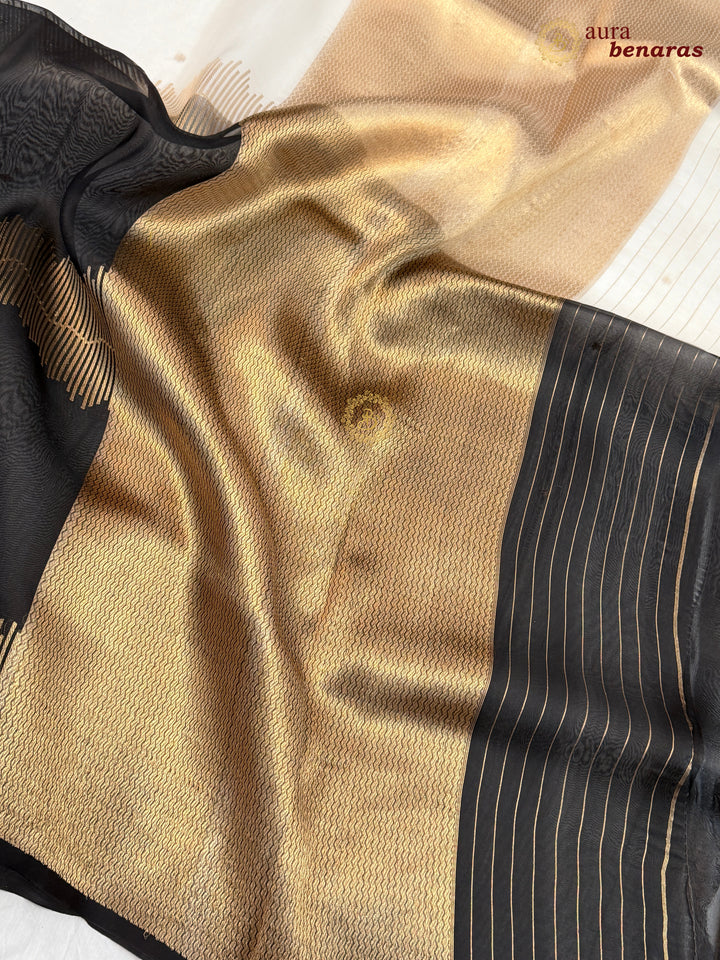 Off White Black Kora Silk Banarasi Saree Musical Zari Pattern