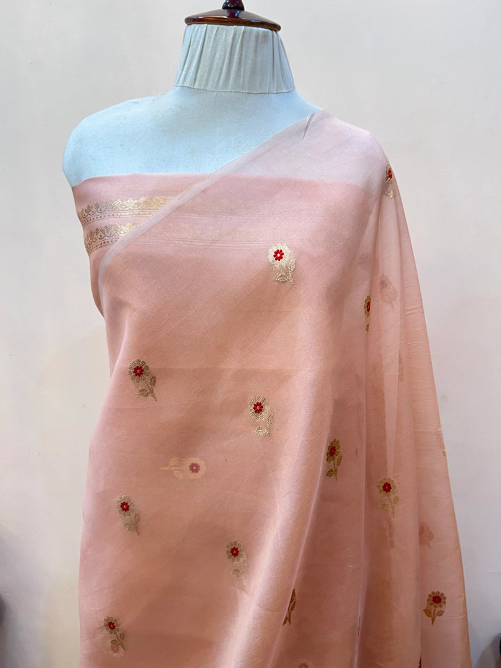 Blush Pink Pure Kora Silk Handloom Banarasi Saree