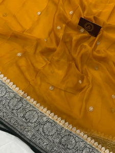 Mustard Yellow Khaddi Chiffon Banarasi Handloom Saree - Aura Benaras