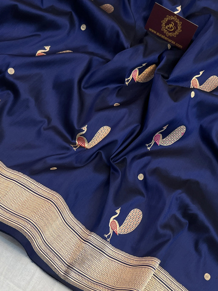 Navy Blue Katan Silk Saree with Kadhwa Peacock Motifs