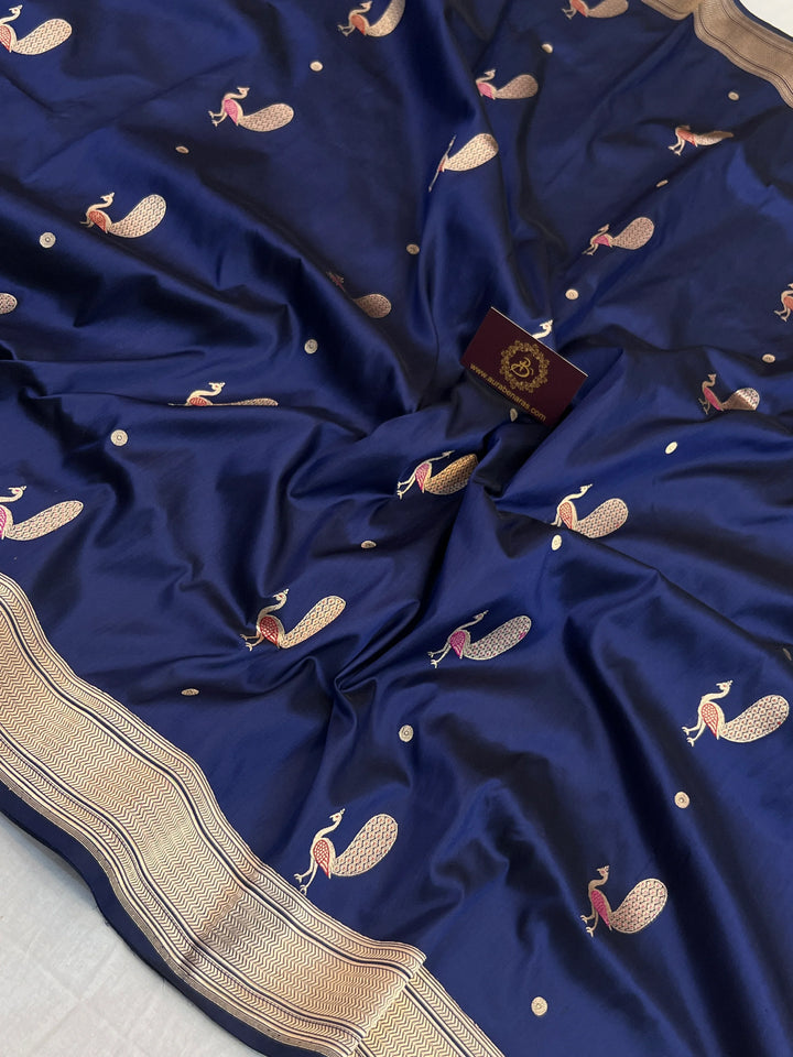 Navy Blue Katan Silk Saree with Kadhwa Peacock Motifs