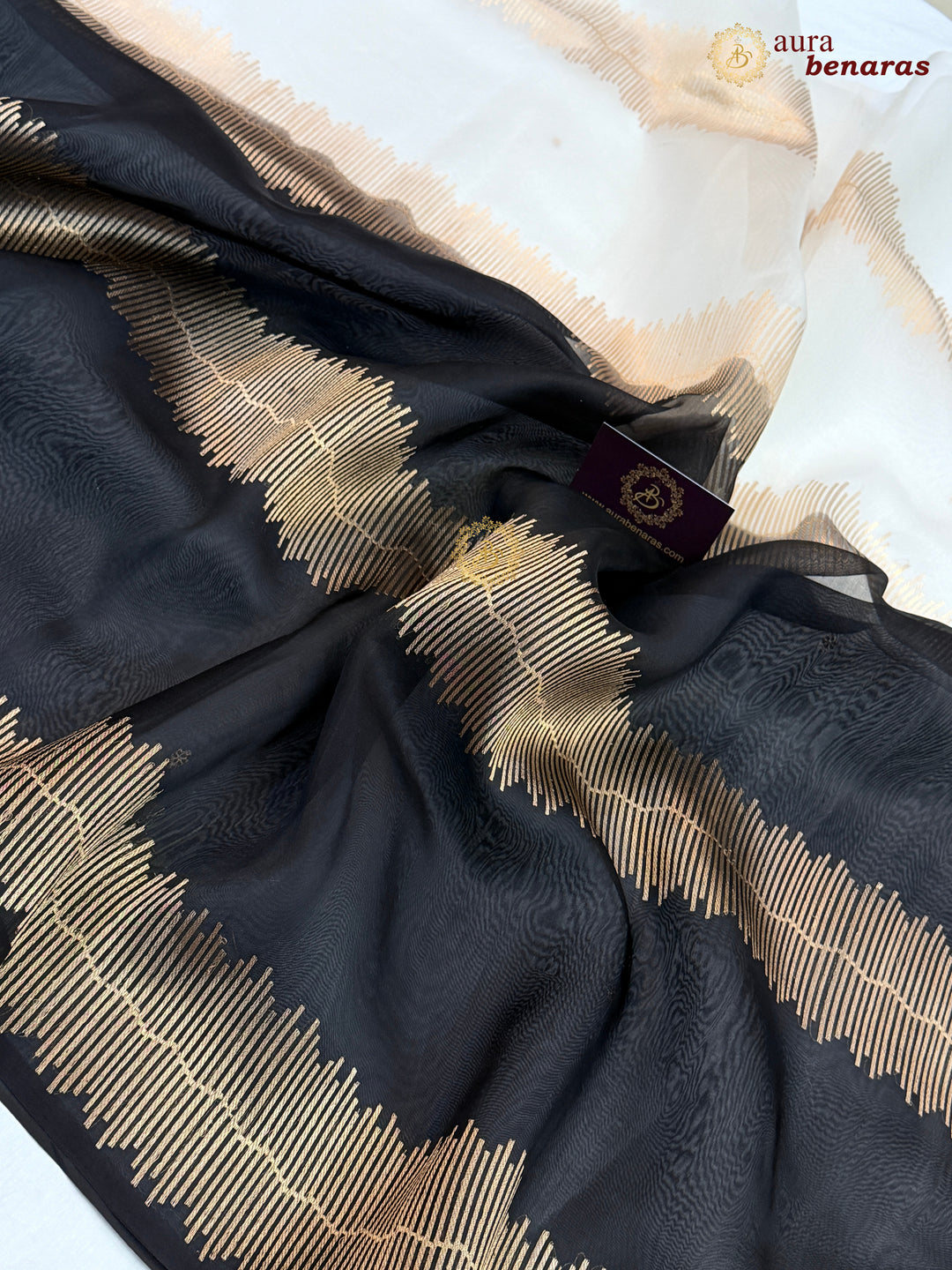 Off White Black Kora Silk Banarasi Saree Musical Zari Pattern