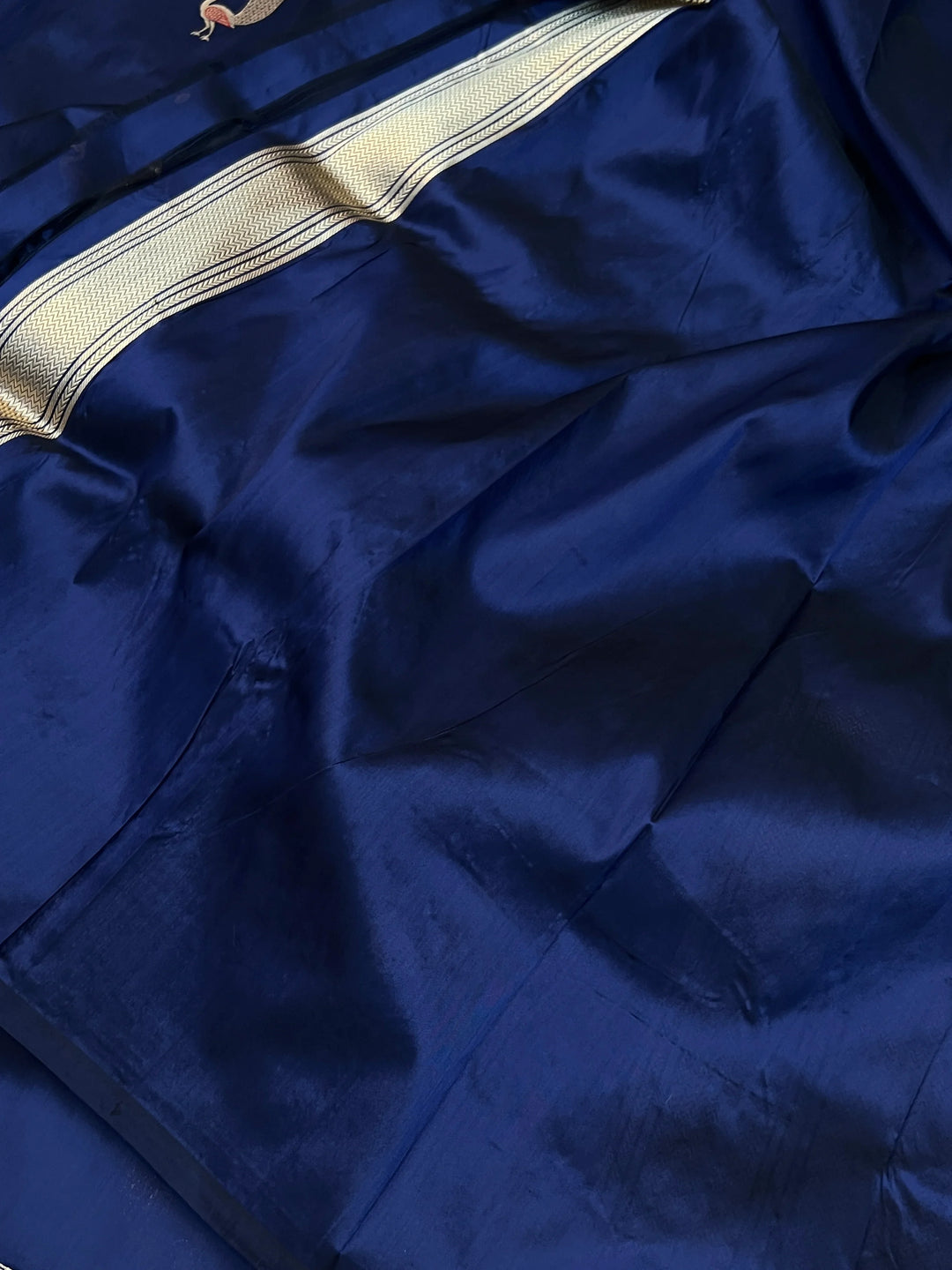 Navy Blue Katan Silk Saree with Kadhwa Peacock Motifs