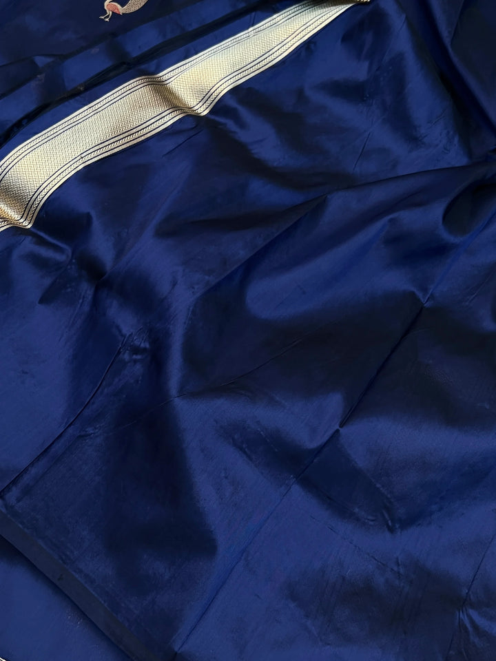 Navy Blue Katan Silk Saree with Kadhwa Peacock Motifs