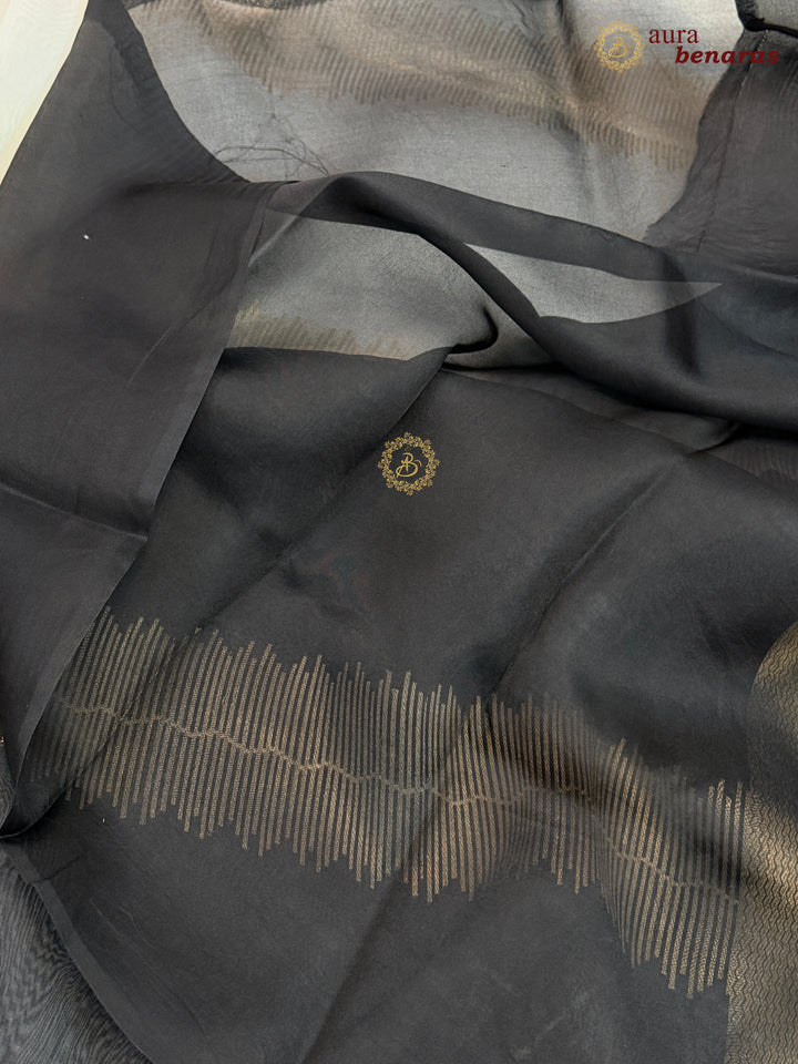 Off White Black Kora Silk Banarasi Saree Musical Zari Pattern
