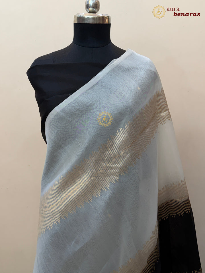 Off White Black Kora Silk Banarasi Saree Musical Zari Pattern