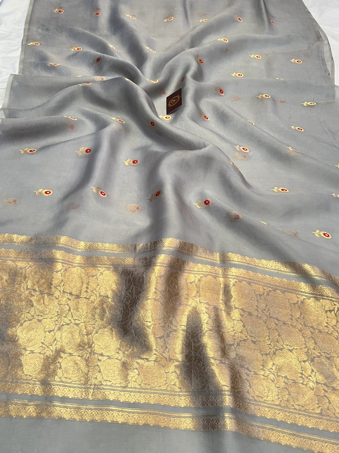Grey Pure Kora Silk Handloom Banarasi Saree