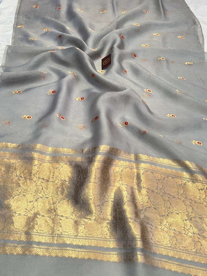 Grey Pure Kora Silk Handloom Banarasi Saree