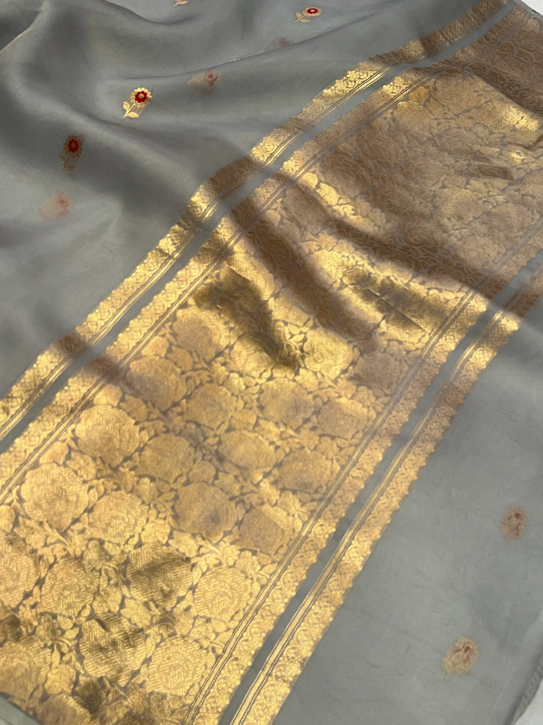 Grey Pure Kora Silk Handloom Banarasi Saree