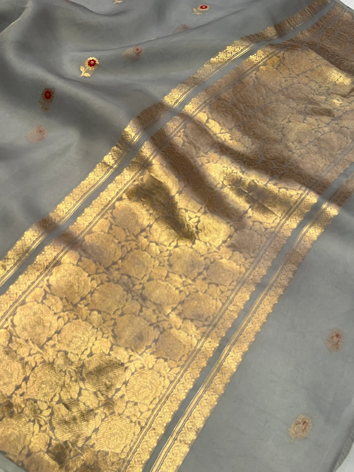 Grey Pure Kora Silk Handloom Banarasi Saree