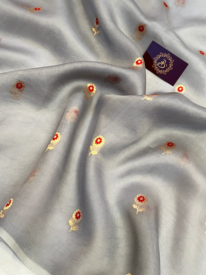 Grey Pure Kora Silk Handloom Banarasi Saree