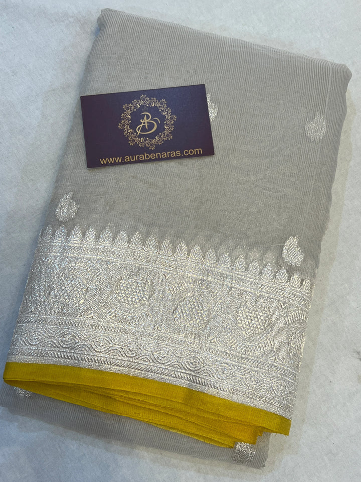 Off White Pure Chiffon Tissue Silk Banarasi Saree 