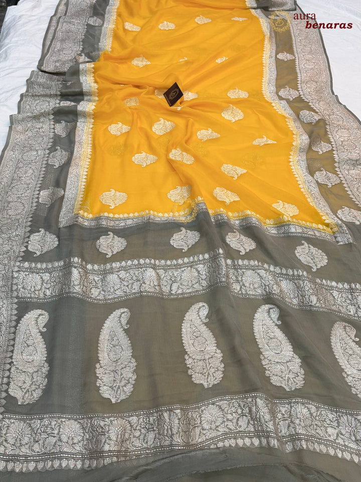 Yellow with Grey Contrast Pure Khaddi Chiffon Banarasi Saree with Kadhwa Silver Zari