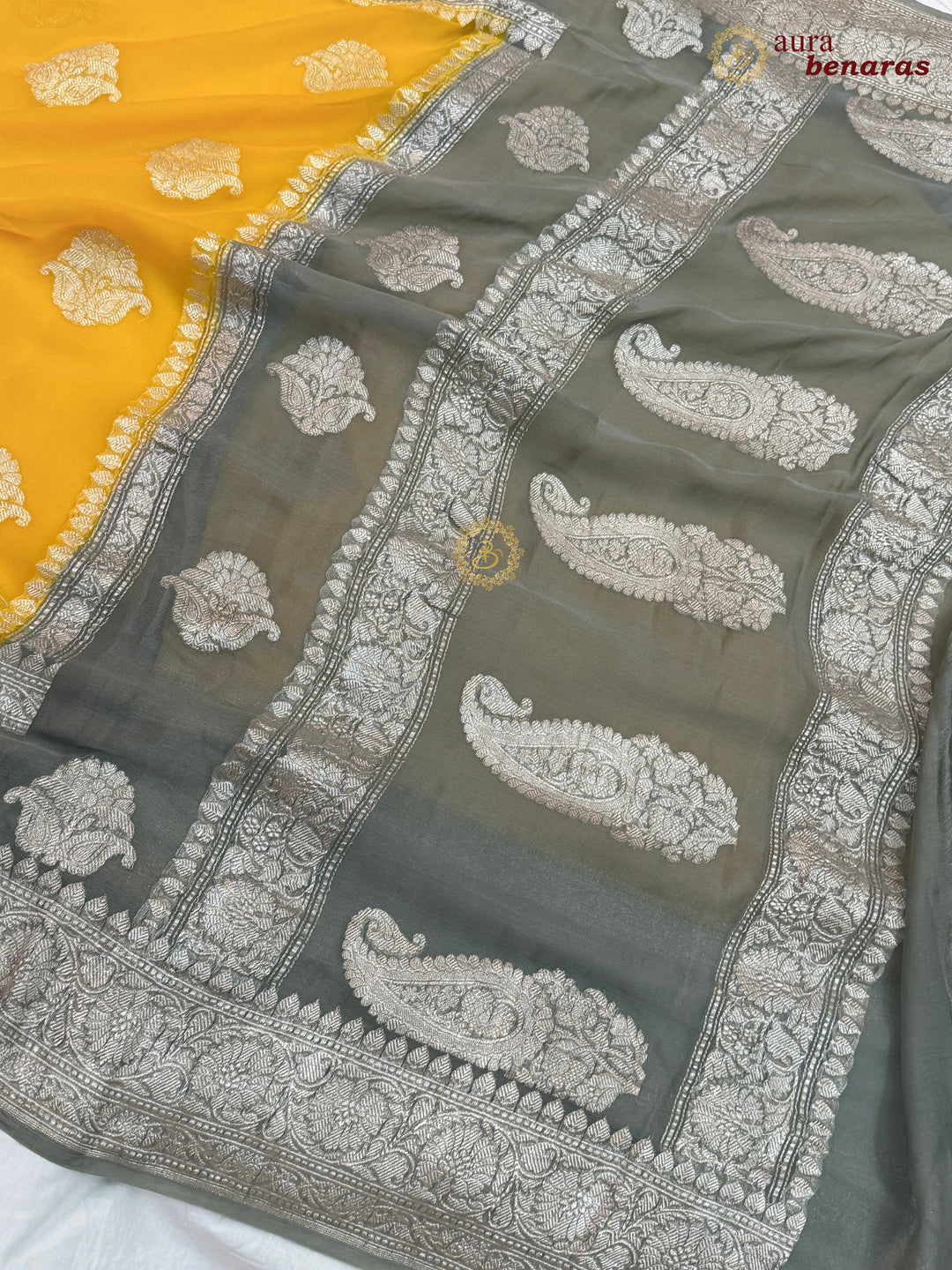 Yellow with Grey Contrast Pure Khaddi Chiffon Banarasi Saree with Kadhwa Silver Zari