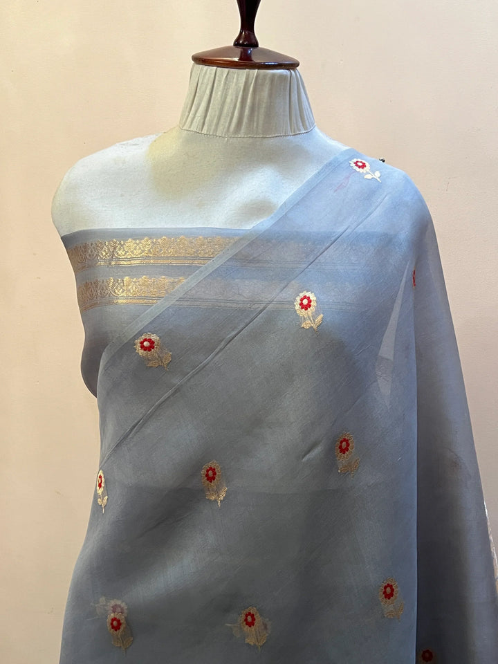 Grey Pure Kora Silk Handloom Banarasi Saree