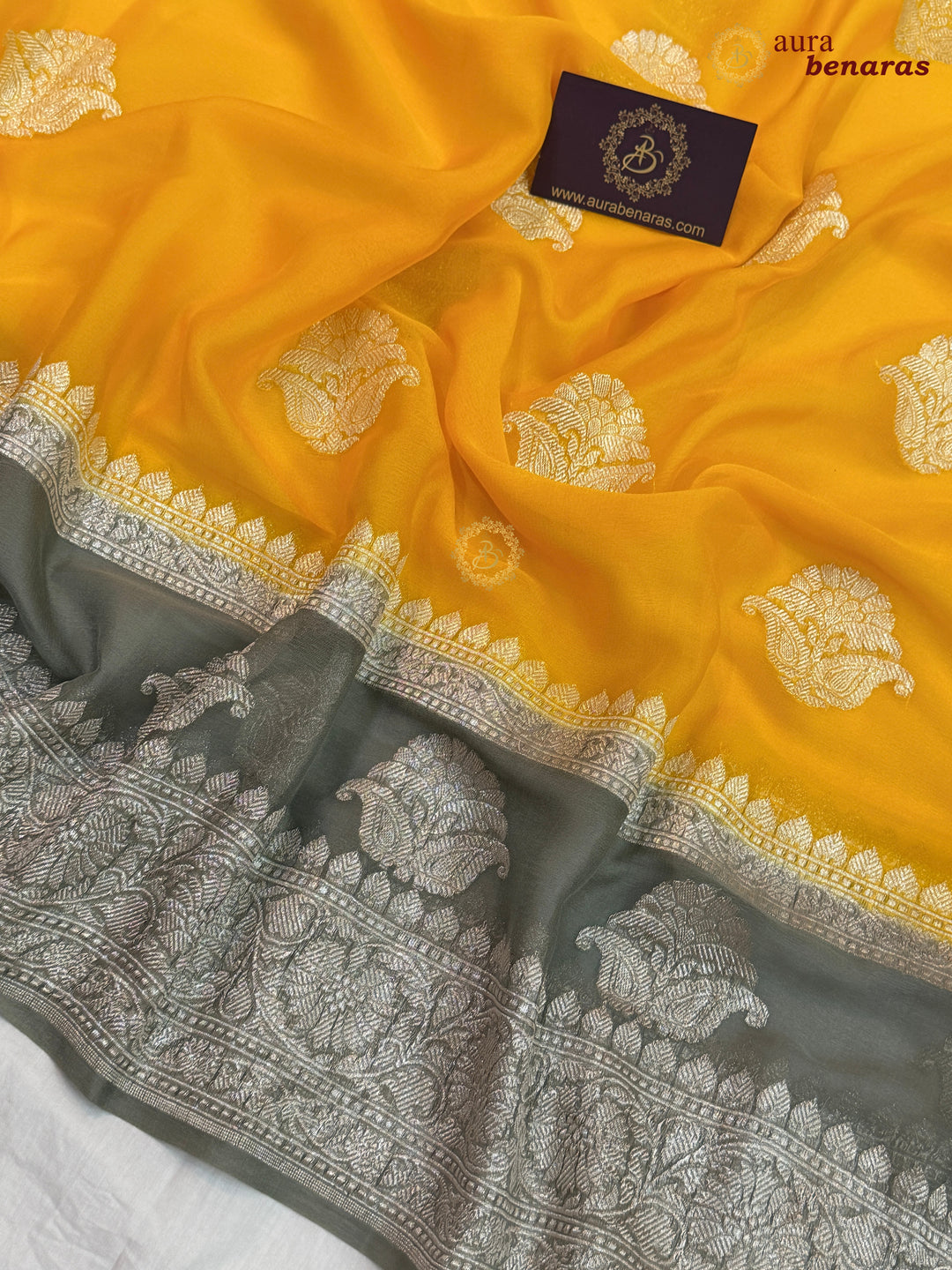 Yellow with Grey Contrast Pure Khaddi Chiffon Banarasi Saree with Kadhwa Silver Zari